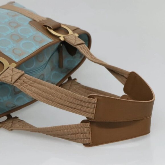 Salvatore Ferragamo Gancini Tote Bag Canvas Leather Light Blue Gold Auth gh706 - Picture 8 of 16